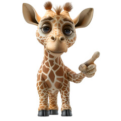A 3D animated cartoon render of a giraffe with a concerned expression pointing to dark clouds.