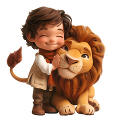 A 3D animated cartoon render of a grateful child hugging a lion after being rescued.