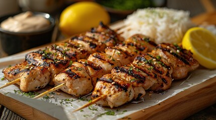  a close-up of chicken skewers on a plate with rice and lemon wedges, and a bowl of sauce nearby