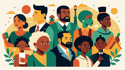A section of the Juneteenth mural dedicated to showcasing influential figures and events in African American history with community members working. Vector illustration