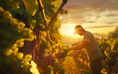 A man harvesting green grapes in a grape plantation with a beautiful view of a sunset in the background, harvesting season, grape harvesting season. Generative AI.