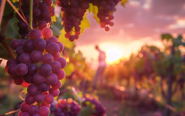 A man harvesting green grapes in a grape plantation with a beautiful view of a sunset in the background, harvesting season, grape harvesting season. Generative AI.