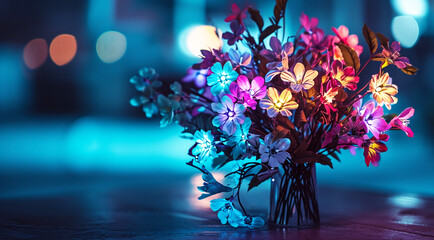  Bouquet of flowers illuminated by LED bulbs,Generated by AI