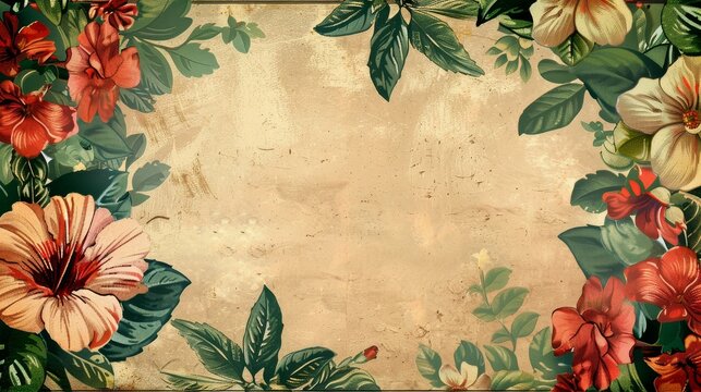 A vintage floral frame with a rustic backdrop