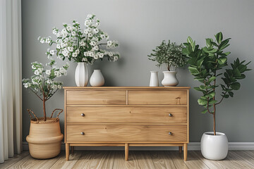 Wooden Dresser With White Vases and Flowers