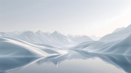 3D rendering of an abstract light white landscape background with white mountains and hills near water. Ice Mountain. White cold terrain, background image