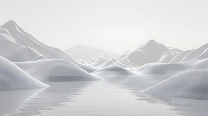 3D rendering of an abstract light white landscape background with white mountains and hills near water. Ice Mountain. White cold terrain, background image