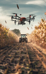 A modern drone flying over a corn field plantation monitoring growth and fumigation and a tractor transiting the corn crop, corn harvesting season. Generative AI.