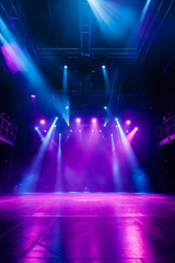 An Empty Stage Set for a Live Performance Illuminated by Vibrant Lights.