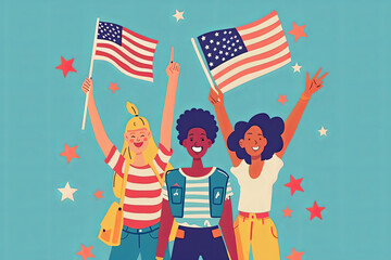 Three smiling friends stand together with arms raised in celebration and holding US flag