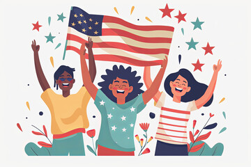 Three smiling friends stand together with arms raised in celebration and holding US flag - obrazy, fototapety, plakaty