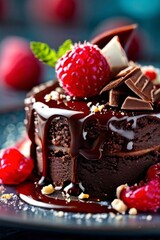 Fototapeta na wymiar Chocolate cake with raspberries, chocolate sauce. Cake is adorned with fresh raspberries, exquisite chocolate sauce, creating delectable, luxurious dessert. For advertise cafe, patisserie, restaurant.