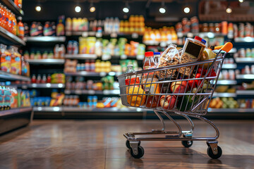 Shopping Cart Filled With Orange Juice in a Grocery Store