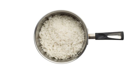 Top view shot capturing rice in a pan.
