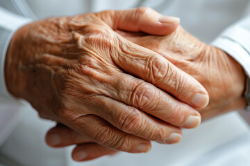 Fototapeta premium Elderly Persons Weathered Hands Gently Resting, Symbolizing Life Experience and Aging Gracefully