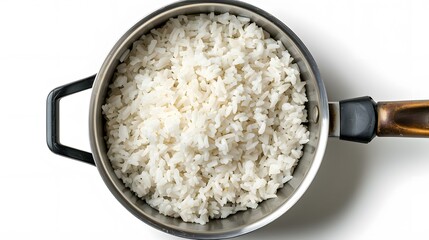 Top view shot capturing rice in a pan.