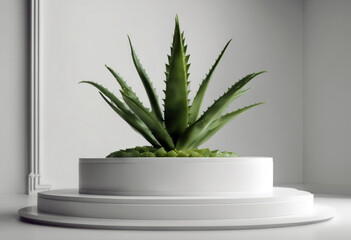 'White vera podium leaf aloe product rendering 3D background splay poduim dais cosmetic racked display three-dimensional abstract advertising beauty'