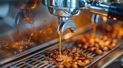 Coffee Being Poured Into Pile of Roasted Coffee Beans - obrazy, fototapety, plakaty