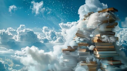 A large stack of books hovers in the sky, defying gravity and creating a surreal sight.