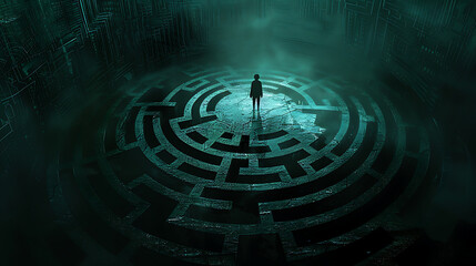 a person standing at the entrance of an intricately illuminated circular maze. The maze’s edges glow against a dark background