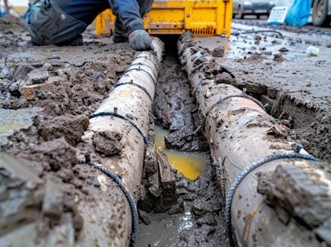 A broken water pipe is being repaired in the style of an electrician, and the damaged section of concrete pipes has been tied with metal rebar to stop it from falling apart. 