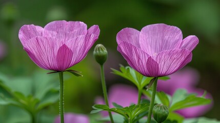   Two pink flowers in focus, surrounded by blurred pink flowers