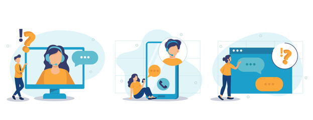 Customer support illustration collection. Characters using online helpdesk platform. People asking a questions and receiving answers from helpdesk or call center operator. Vector illustration.