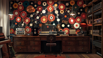 Step into a vintage vinyl haven, where walls adorned in a hyper-realistic collection of classic records create a nostalgic and visually stunning backdrop for your music sanctuary.
