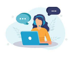 Vector illustration, customer service, hotline operator advises customer, online global technical support, customer and operator vector. Technician with lap top	