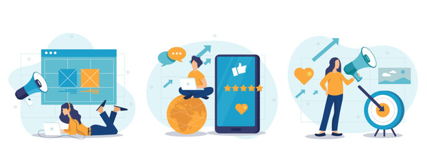 Social media marketing concept isolated person situations. Collection of scenes with people with megaphones attract new customers, advertising, promotion. Mega set. Vector illustration in flat design