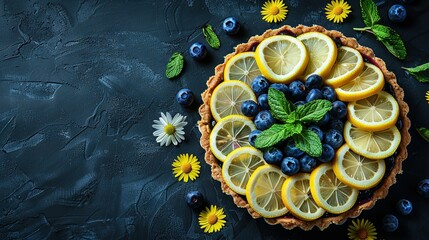  A pie with lemons, blueberries, and mint leaves on a dark background with daisies