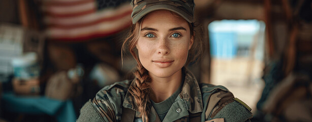 a female soldier standing in front of her house,  wearing military uniform, Generative AI.