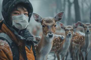 A health worker in a protective mask tries to see H5N6 deer viruses on deer in a street farm, Chinese photography style, photorealistic photography, high definition details, full body close-up, wide 