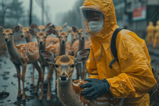 A health worker in a protective mask tries to see H5N6 deer viruses on deer in a street farm, Chinese photography style, photorealistic photography, real photos, high definition details, full body 
