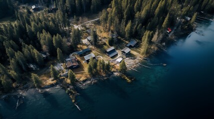 Drone view from above of a small island situated within a lake. Lake shore infrastructure with coniferous fir, pine trees 