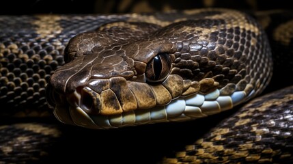 Fototapeta premium A close-up shot of a beige anaconda snake looking fierce on a black background