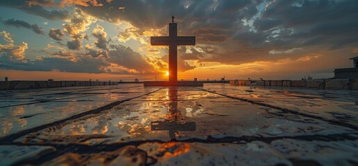 A large cross is placed on the square, with clouds in front of it and sunset behind it. The sky has...