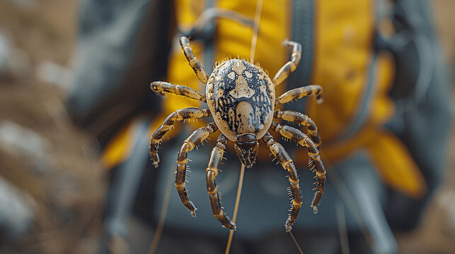 A closeup shot of a tick sitting on a man's leg in the park. , Generative AI.