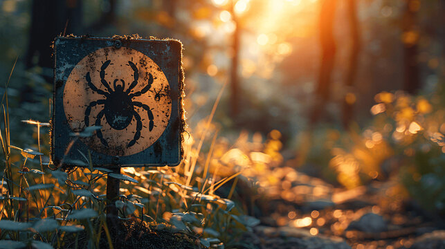 A sign in the summer forest with a park with the inscription Attention! Ticks! Please avoid close contact with wildlife, danger of ticks, Generative AI.