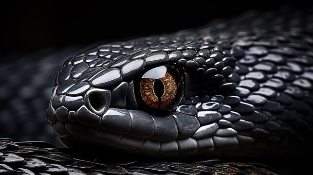 Detailed view of  gray snake eye, looking at the camera, set against a black background