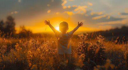A boy raises his arms against the backdrop of the sunset.