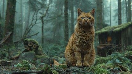   Cat resting amidst mossy floor in forest, house backdrop