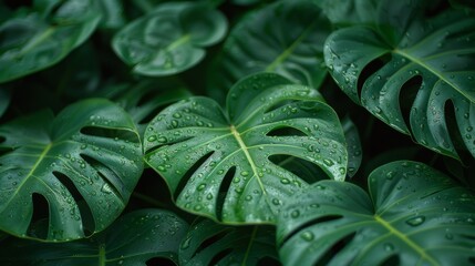 A close up of a bunch of green leaves with water droplets on them, AI