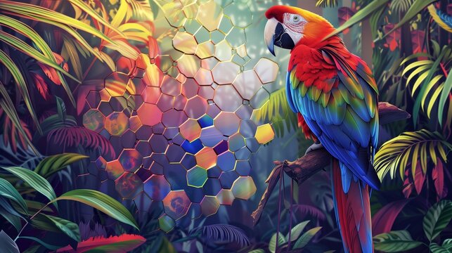 Colorful parrot perched on hexagonal feather tiles in a rainforest.