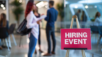 hiring event text on the board, people are talking about job opportunities