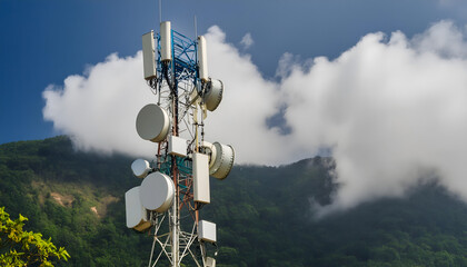 Cell tower communication technology for wireless network in front of landscape and clouds. - obrazy, fototapety, plakaty