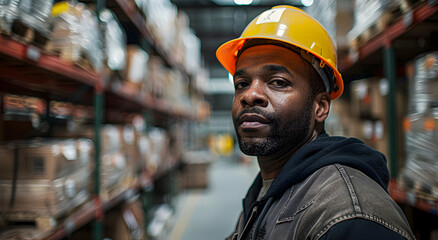 A helmeted worker in a warehouse.