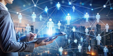 Businessman holds tablet, interacting with global social network and interconnected people icons over a modern city