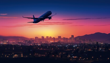 Naklejka premium Airplane is flying in colorful sky over the city at night. Landscape with passenger airplane, skyline, purple sky with red and pink clouds. Aircraft is landing at sunset. Aerial view. Transport