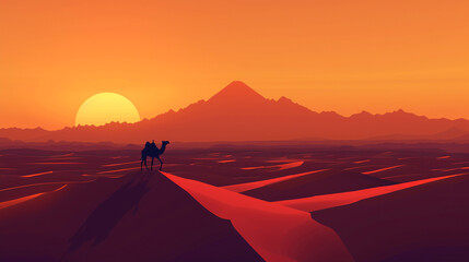 camel silhouette, sunset in the desert